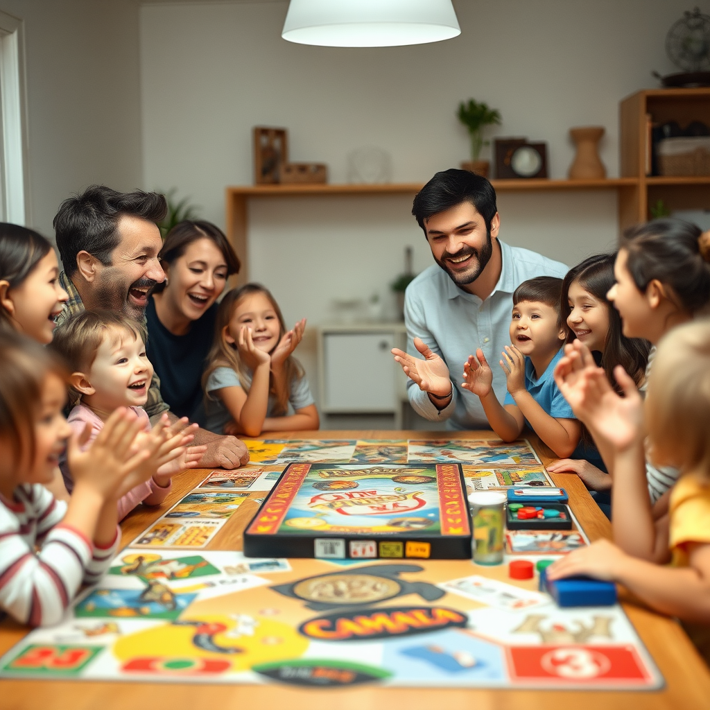 عائلة تحتفل بفرح بعد انتهاء لعبة جماعية، الجميع يضحك ويصفق، أطفال وكبار حول طاولة مليئة بألعاب الطاولة، أجواء احتفالية ومرحة في المنزل
